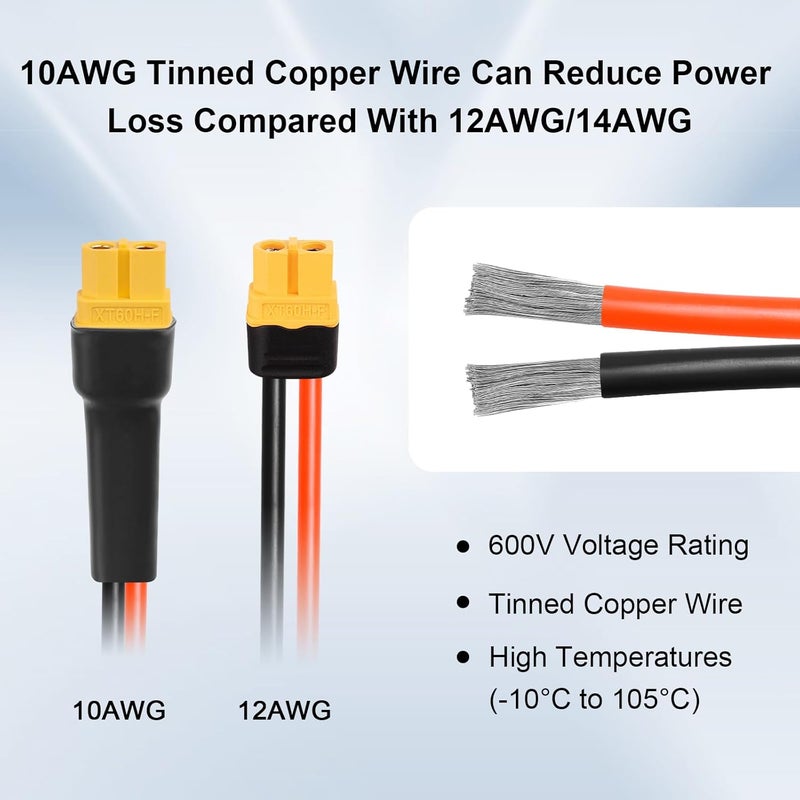 XRDS -RF كابل موصل شمسي إلى XT60 بطول 35 قدمًا، كابل تمديد شمسي 10AWG إلى XT60 أنثى، كابل طاقة مصنّف 600 فولت للألواح الشمسية، البطاريات، محطات الطاقة – نقل تيار عالي ثقيل الواجب - Image 5
