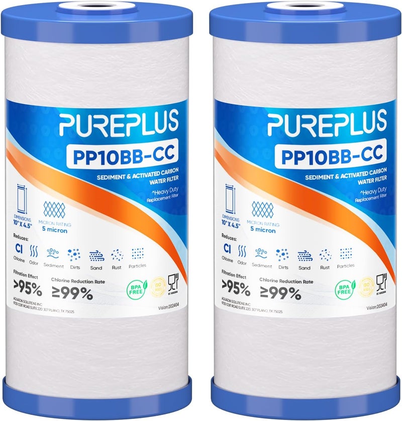 Pure Plus 5 Micron 10" x 4.5" Whole House Sediment and Carbon Water Filter Replacement Cartridge for GE FXHTC, GXWH40L, GXWH35F, GNWH38S, Culligan RFC-BBSA, WRC25HD, PP10BB-CC, Pentek RFC-BB, 2Pack - Image 1