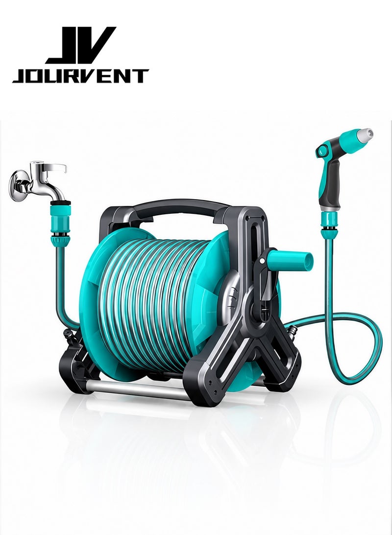 Jourvent Garden Hose Reel Set, 30M Garden Hose Reel Kit Water Hose Holder, Water Guns and Water Pipe Bracket, 2M Hoses for Household Garden Watering Car Wash (Blue) - Image 1