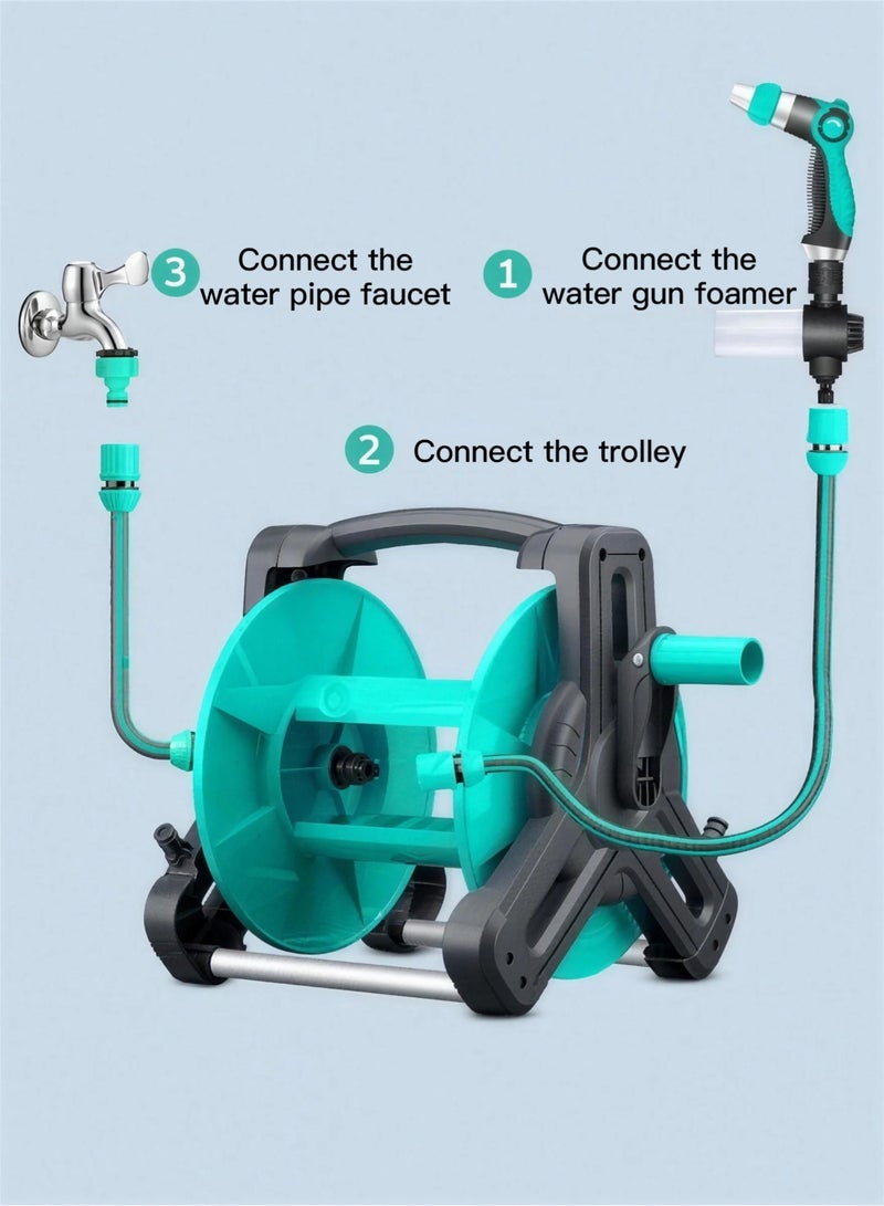 Jourvent Garden Hose Reel Set, 30M Garden Hose Reel Kit Water Hose Holder, Water Guns and Water Pipe Bracket, 2M Hoses for Household Garden Watering Car Wash (Blue) - Image 2