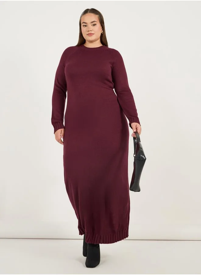 Styli Plus Size Solid Long Sleeve Sweater Maxi Dress