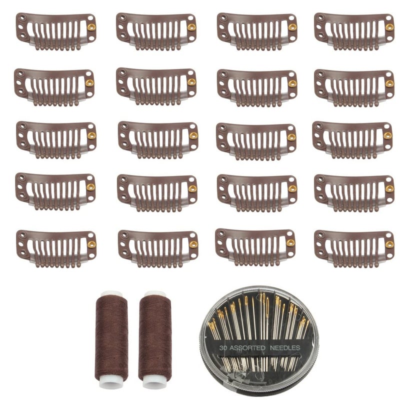 30 Pcs Hair Extension Clips 9 Teeth Stainless Steel Snap Comb Wig Clips Wig Accessories Clip with 30 Assorted Sewing Needles and 2 Rolls Thread Dark Brown