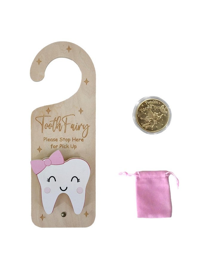 PAMBO Tooth Fairy Door Hanger, Wooden Tooth Fairy Money Holder with Tooth Coins for Lost Tooth Kids Gifts (Pink) - Image 1