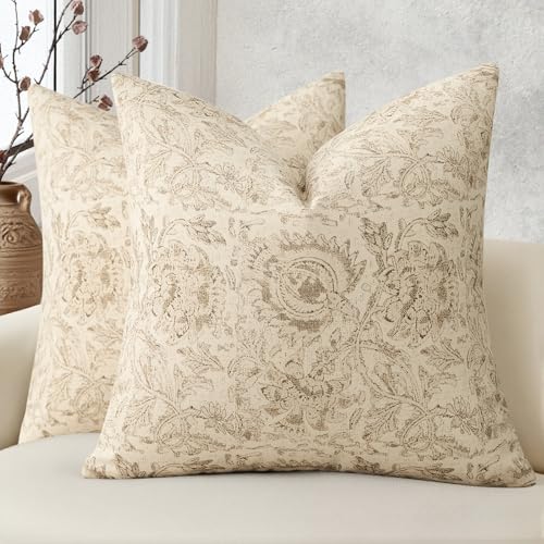 DKwizme Vintage Floral Print Throw Pillow Covers 20x20 Set of 2 Neutral Modern Farmhouse Pillowcases Accent Decorative Cushion Covers Boho Home Decor for Couch Sofa Chair Bed Living Room, Natural Beige - Image 1