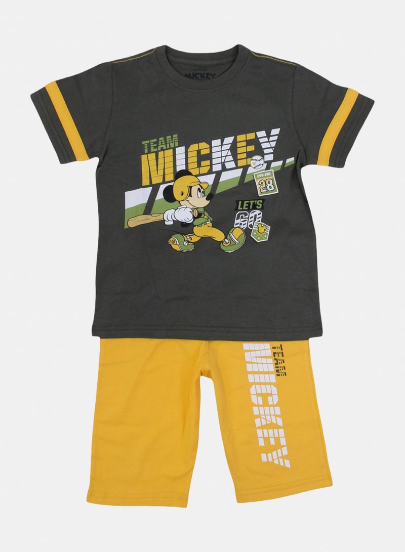 Boys Cotton Pajama – Dark Grey & Yellow with Mickey Mouse Print - Image 1
