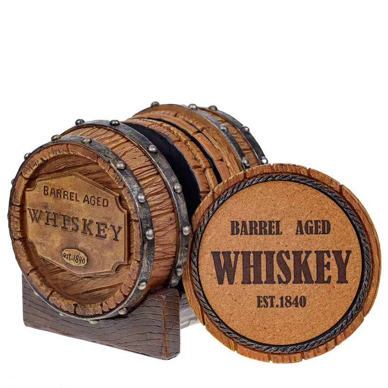 Pine Ridge 5pcs 1840 Aged Whiskey Barrel Drink Coaster Set with Holder Rustic Bar Coasters for Whiskey Table Bourbon Room Unique Bar Accessories for Man Cave Beer Whiskey Glass Coaster