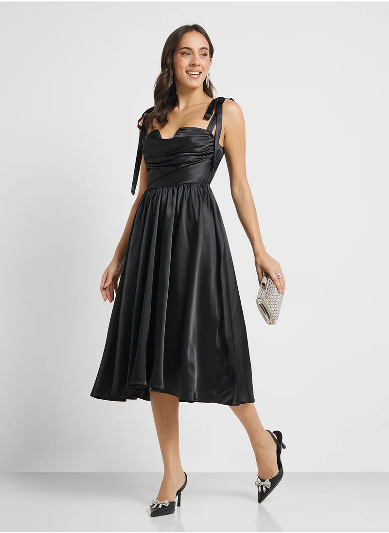 Jaded Rose Shoulder Tie Satin Midi Dress