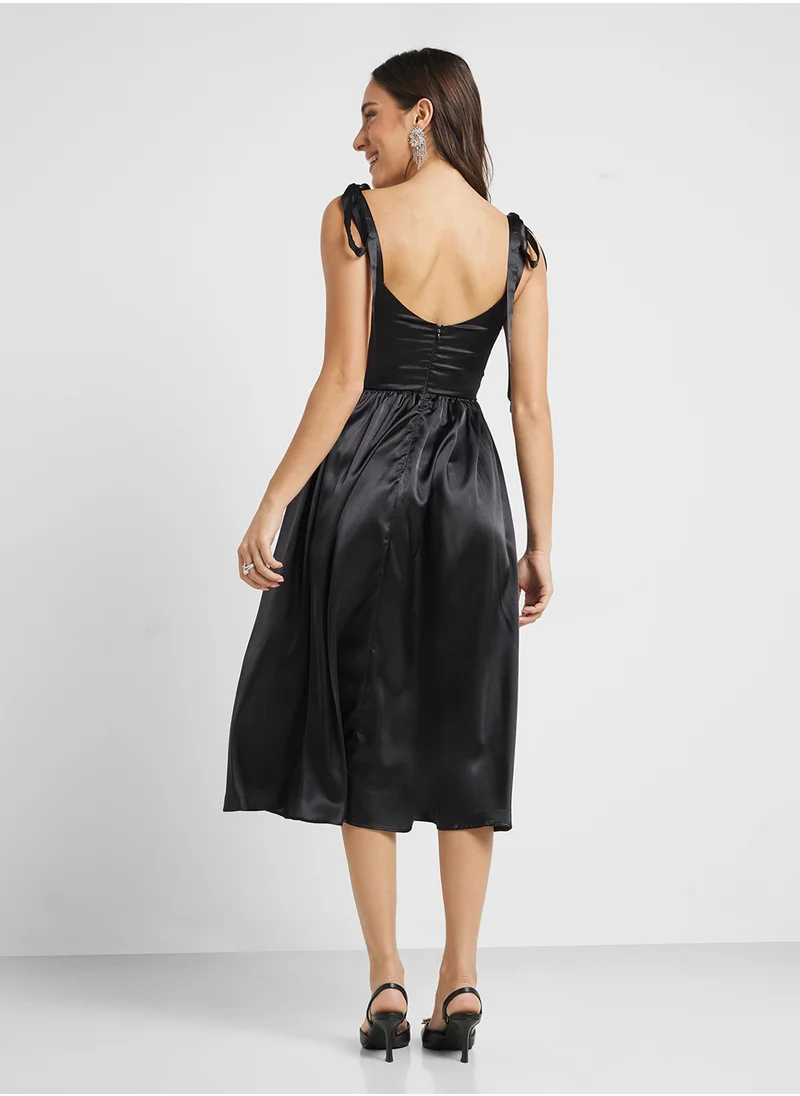 Jaded Rose Shoulder Tie Satin Midi Dress