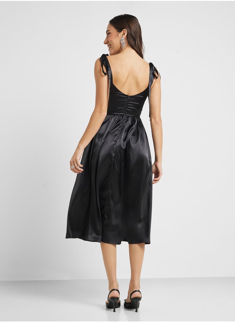 Jaded Rose - Shoulder Tie Satin Midi Dress - Image 1