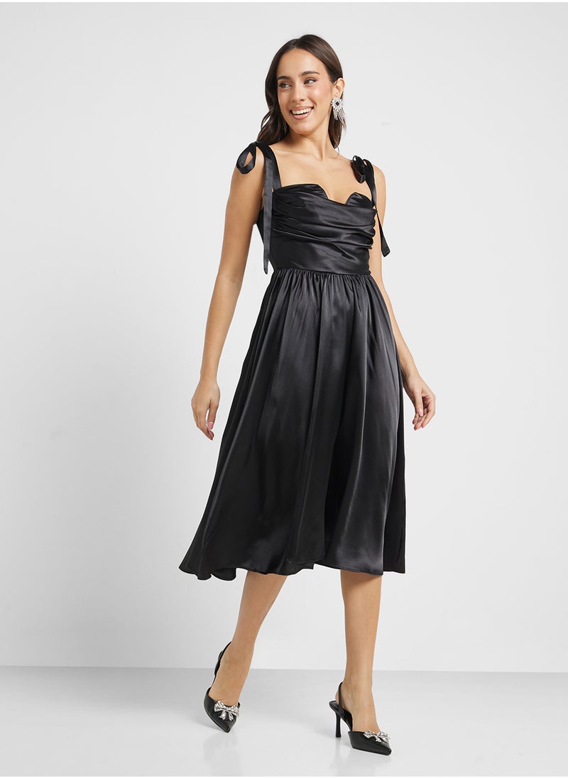 Jaded Rose - Shoulder Tie Satin Midi Dress - Image 1