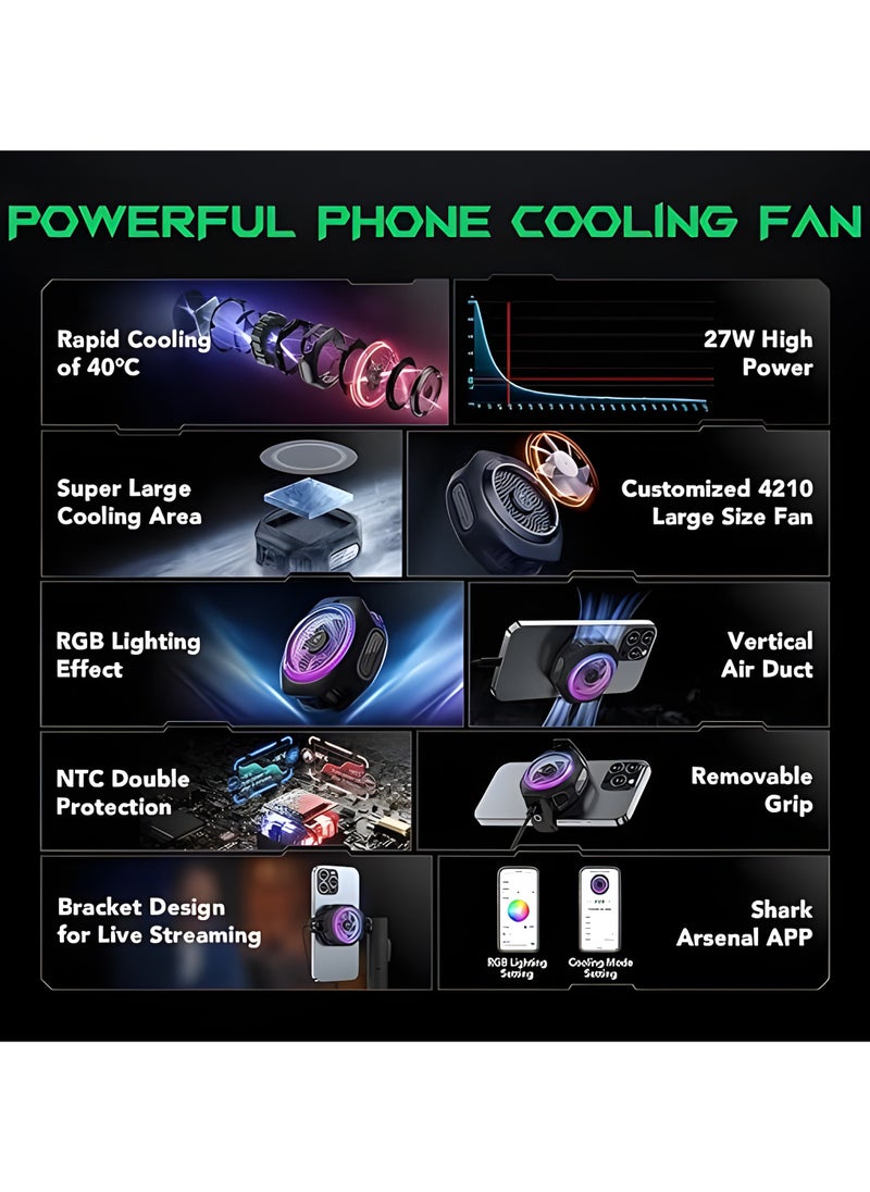 BLACK SHARK - Phone Cooler Black Shark MagCooler 4 Pro Magnetic Phone Cooling Fan RGB Light  App 27W Cellphone Radiator for Gaming  Video Streaming  Car Driving Mobile Cooler for Phones  Tablets (BLACK) - Image 1