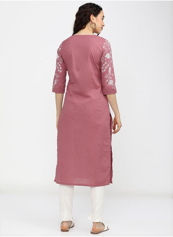 Vishudh Woman Pink Floral Printed Keyhole Neck Kurta by Styli  - Image 3