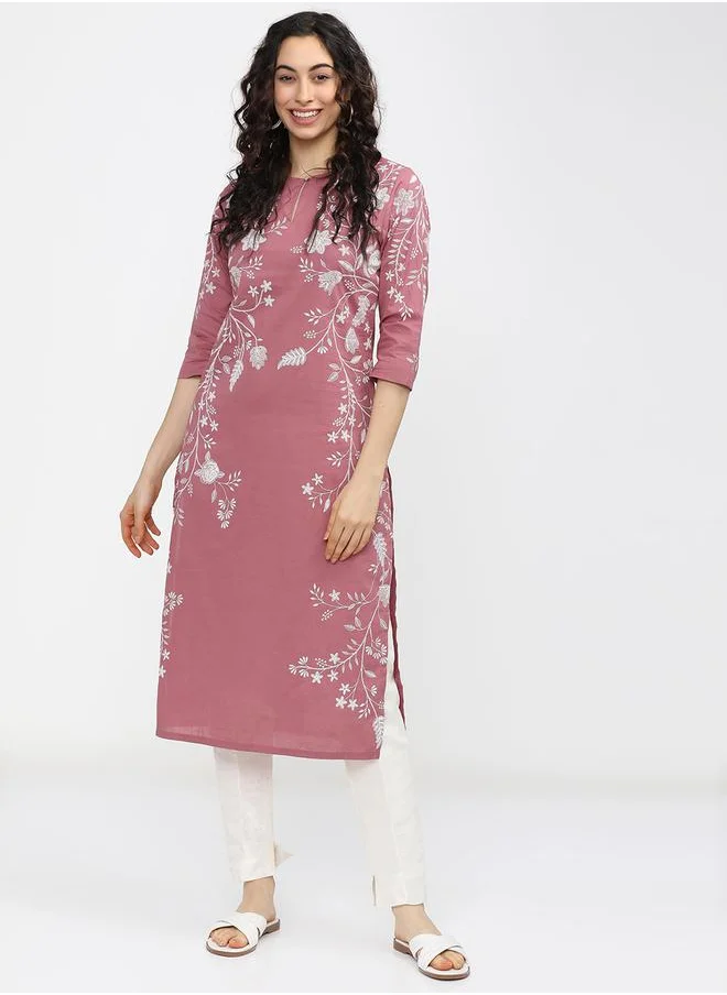Vishudh Woman Pink Floral Printed Keyhole Neck Kurta by Styli