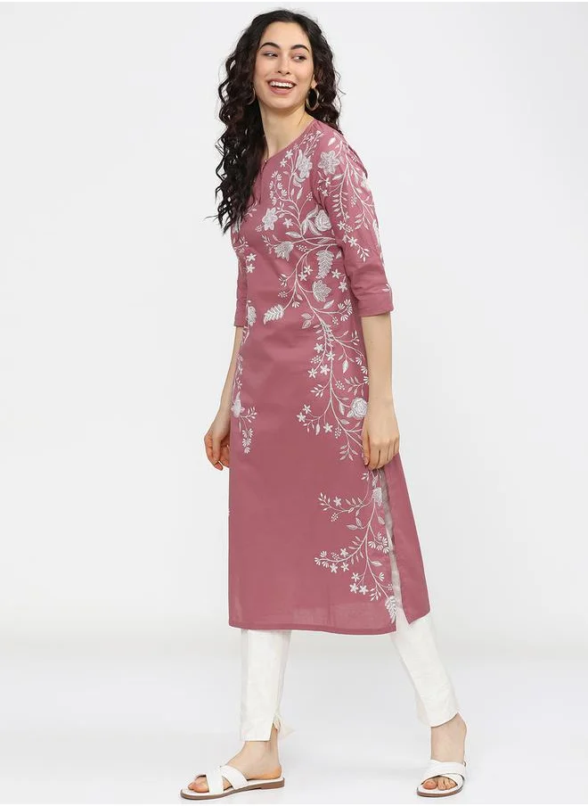 Vishudh Woman Pink Floral Printed Keyhole Neck Kurta by Styli