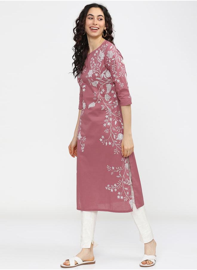 Vishudh Woman Pink Floral Printed Keyhole Neck Kurta by Styli  - Image 2
