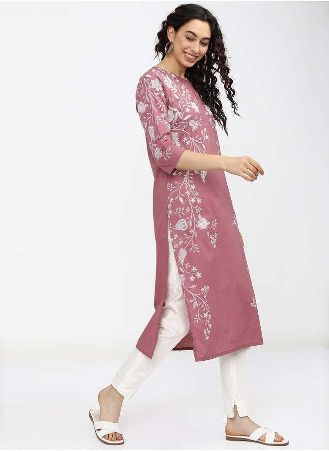 Vishudh Woman Pink Floral Printed Keyhole Neck Kurta by Styli  - Image 5