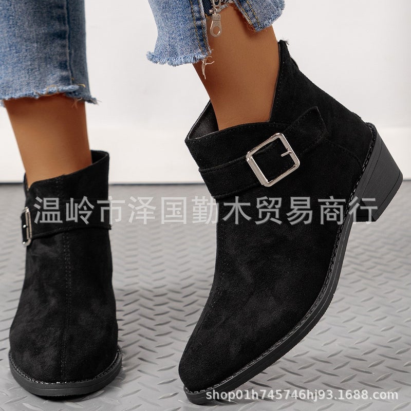 Export Large Size New Suede Fashion Short Boots Thick Heel Short Zipper Decoration Fashion Zipper Western Short Boots - Image 5