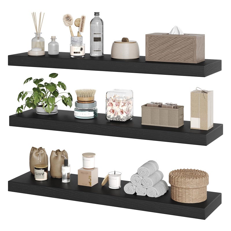RALGEND Floating Shelves for Wall, 1.5" Thick Wall Shelf Set of 3 with Invisible Brackets, L31.5 x W7.9 Hanging Book Shelves Farmhouse Home Decor for Bathroom, Living Room, Bedroom, Black 8301BJP3BK - Image 1