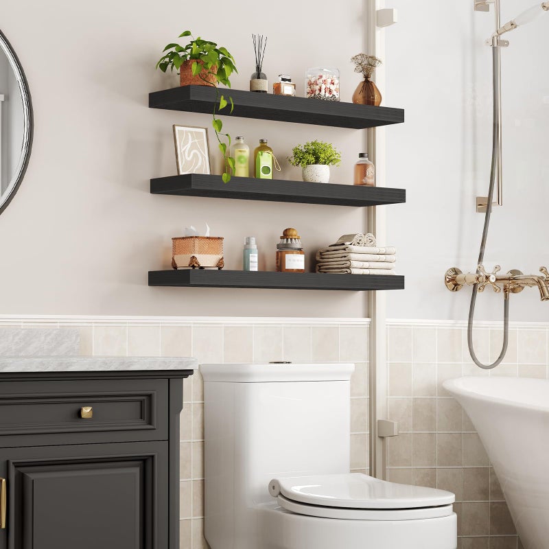 RALGEND Floating Shelves for Wall, 1.5" Thick Wall Shelf Set of 3 with Invisible Brackets, L31.5 x W7.9 Hanging Book Shelves Farmhouse Home Decor for Bathroom, Living Room, Bedroom, Black 8301BJP3BK - Image 2