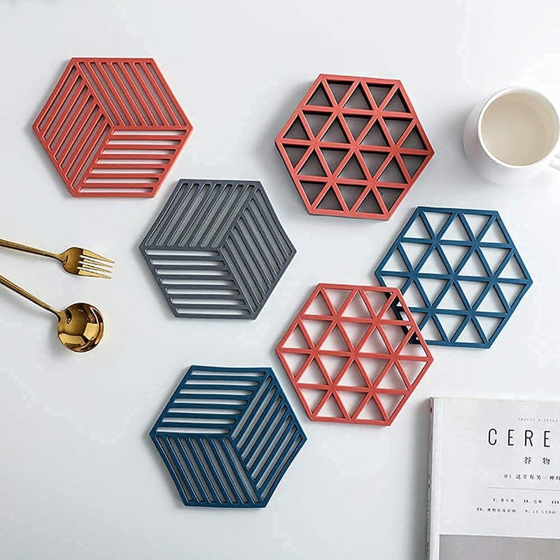SHFTI Trivet Mats Silicone Table Mats Heat Resistant Hot Pans NonSlip Pot Holders Placemat for Bowl Dishes Kitchen Cooking Dining Triangle Line Mix Pack of 6 - Image 1