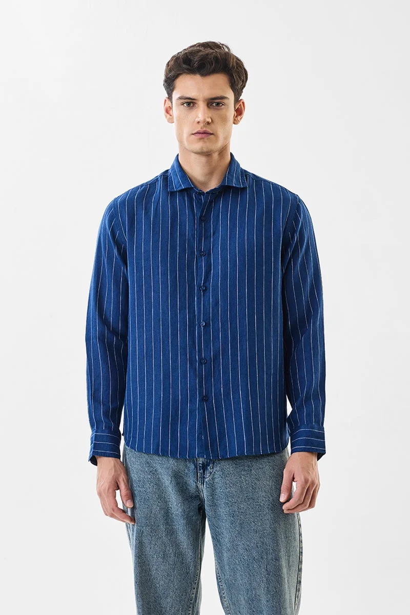 SNITCH Dark Blue Striped Long Sleeve Regular Fit Shirt
