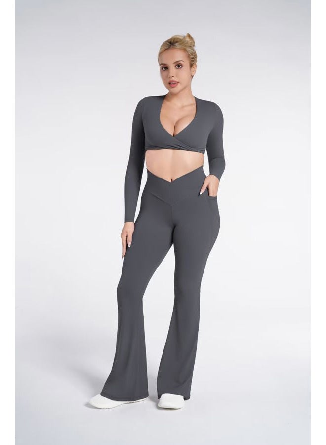 Sunzel سروال ليغينغز نسائي مع جيوب، بنطلون يوغا متقاطع مع تحكم في البطن، خصر عالي وساق واسعة، رمادي، S - Image 3