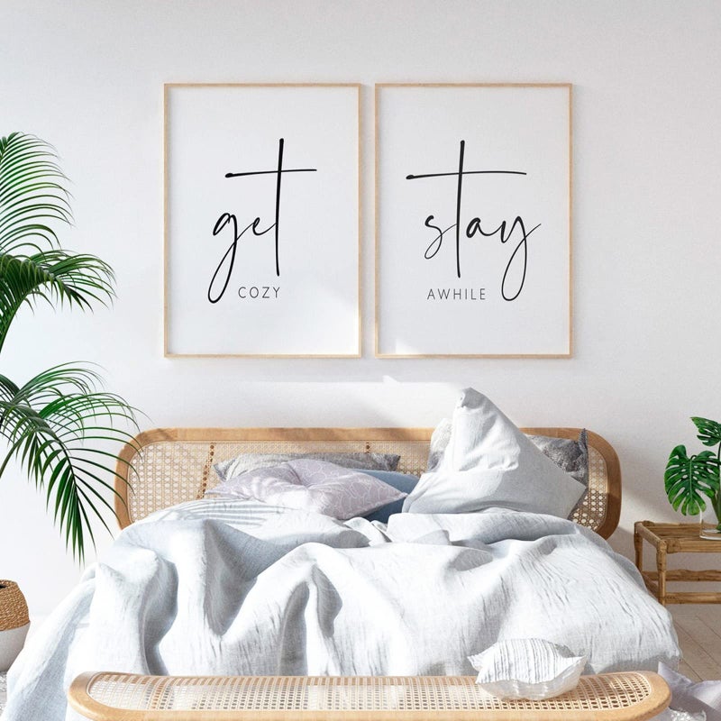 Get Cozy Wall Art Decor Stay Awhile Sign Canvas Above Bed Wall Art Guest Bedroom Decor Lets Stay in Bed Pictures Modern Painting Artwork for Living Room Guest Room 16x24x2 Inch Unframed