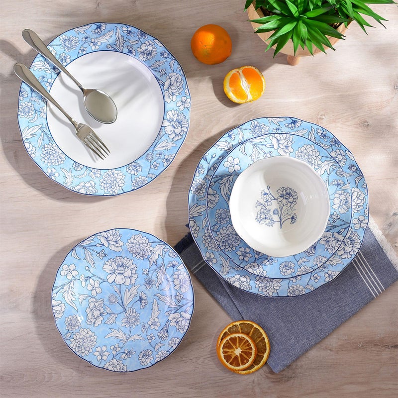 222 Fifth 12-Piece Porcelain Dinnerware Set for 4, White & Light Blue Plates and Bowls Set, Glossy Ceramic Dish Set with Ornate Floral Design, Kitchen Tableware, Microwave & Dishwasher Safe, Cleremont - Image 3