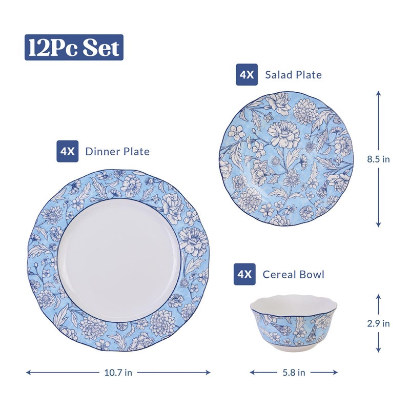 222 Fifth 12-Piece Porcelain Dinnerware Set for 4, White & Light Blue Plates and Bowls Set, Glossy Ceramic Dish Set with Ornate Floral Design, Kitchen Tableware, Microwave & Dishwasher Safe, Cleremont - Image 4