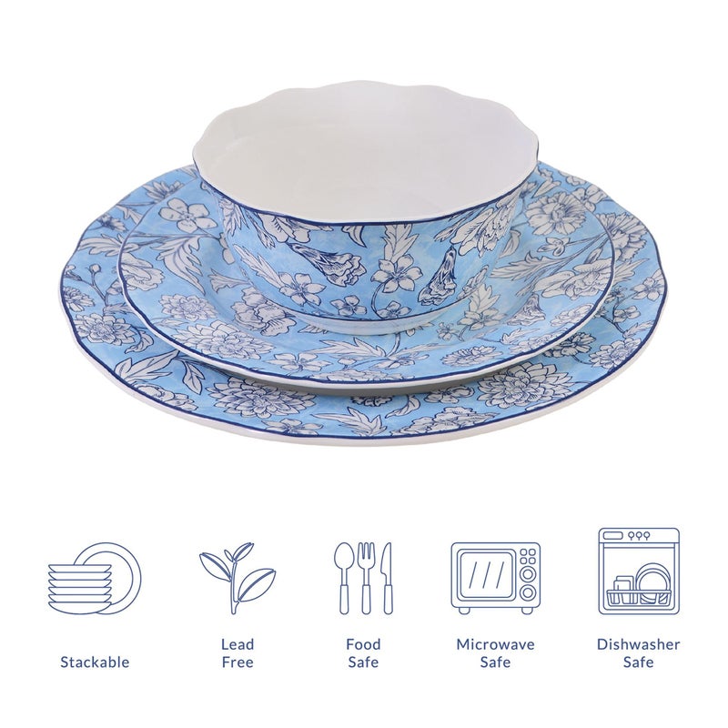 222 Fifth 12-Piece Porcelain Dinnerware Set for 4, White & Light Blue Plates and Bowls Set, Glossy Ceramic Dish Set with Ornate Floral Design, Kitchen Tableware, Microwave & Dishwasher Safe, Cleremont - Image 5