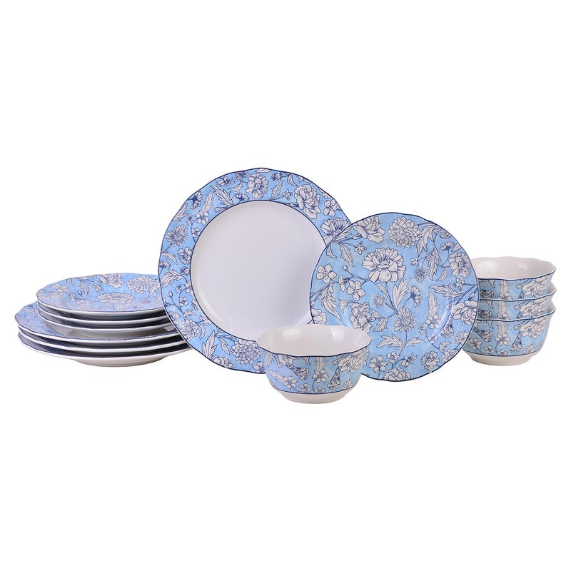 222 Fifth 12-Piece Porcelain Dinnerware Set for 4, White & Light Blue Plates and Bowls Set, Glossy Ceramic Dish Set with Ornate Floral Design, Kitchen Tableware, Microwave & Dishwasher Safe, Cleremont - Image 1