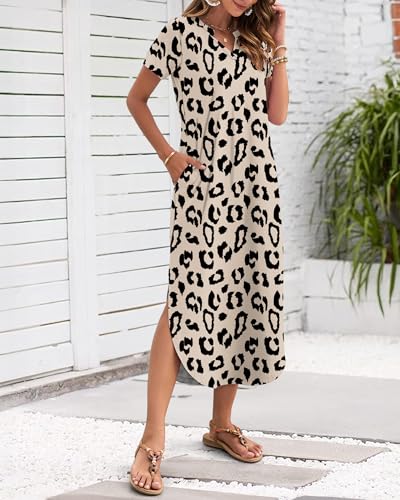 MISFAY Women's Summer Casual Maxi Dress 2026 Short Sleeves V Neck Loose Sundress Split Long Beach T Shirt Dress Vacation Outfits(Leopard Print,M) - Image 2