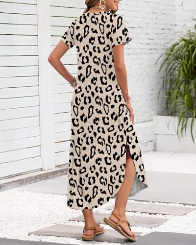 MISFAY Women's Summer Casual Maxi Dress 2026 Short Sleeves V Neck Loose Sundress Split Long Beach T Shirt Dress Vacation Outfits(Leopard Print,M) - Image 3