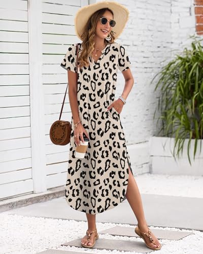 MISFAY Women's Summer Casual Maxi Dress 2026 Short Sleeves V Neck Loose Sundress Split Long Beach T Shirt Dress Vacation Outfits(Leopard Print,M) - Image 4