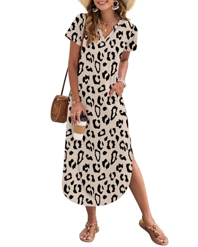 MISFAY Women's Summer Casual Maxi Dress 2026 Short Sleeves V Neck Loose Sundress Split Long Beach T Shirt Dress Vacation Outfits(Leopard Print,M) - Image 1