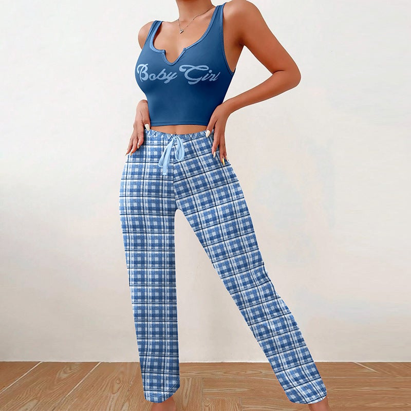 Baby Girl Sleeveless Top Letter Print Pajamas SetW0277 vest trousers-navy blue W0277 vest trousers-navy blue