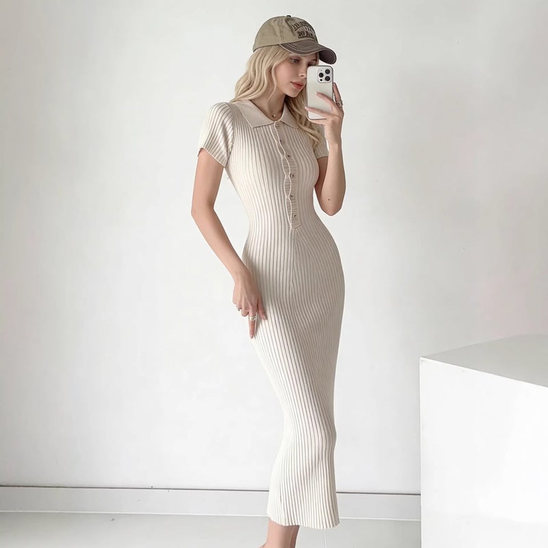فستان نسائي محبوك بياقة على شكل V بأكمام قصيرة بقصة ضيقة لفصل الصيف 2026 - Image 1