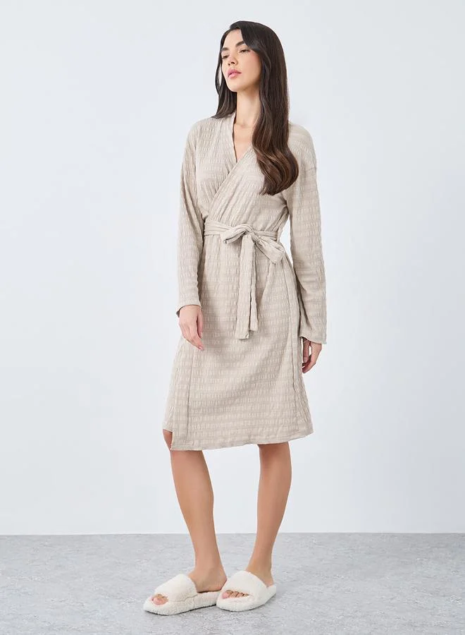 ستايلي Styli Textured Jersey Broad Edge Robe