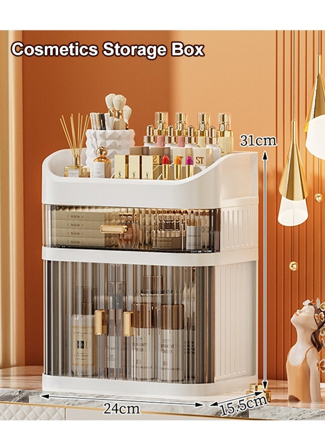 صندوق تخزين مستحضرات التجميل، منظم مكياج كبير مع درج 3 طبقات، حامل منظم للمكياج، صندوق تخزين مستحضرات التجميل مع غطاء خالٍ من الغبار، مقبض محمول، صندوق تخزين مستحضرات التجميل، منظمات العناية بالبشرة، حامل فرش ومستحضرات أحمر الشفاه وحقيبة مكياج العطور - Image 1