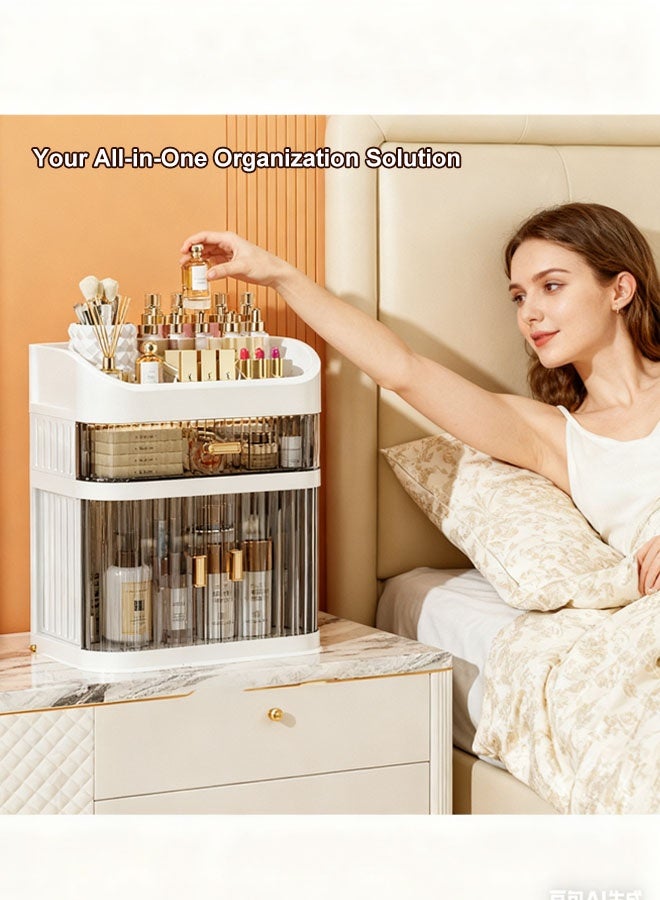 صندوق تخزين مستحضرات التجميل، منظم مكياج كبير مع درج 3 طبقات، حامل منظم للمكياج، صندوق تخزين مستحضرات التجميل مع غطاء خالٍ من الغبار، مقبض محمول، صندوق تخزين مستحضرات التجميل، منظمات العناية بالبشرة، حامل فرش ومستحضرات أحمر الشفاه وحقيبة مكياج العطور - Image 3