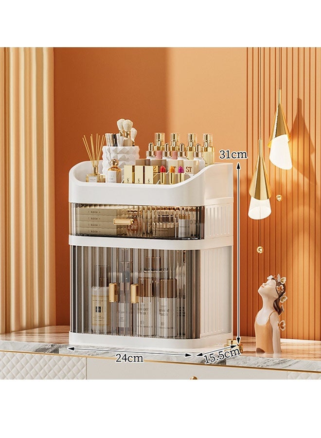 صندوق تخزين مستحضرات التجميل، منظم مكياج كبير مع درج 3 طبقات، حامل منظم للمكياج، صندوق تخزين مستحضرات التجميل مع غطاء خالٍ من الغبار، مقبض محمول، صندوق تخزين مستحضرات التجميل، منظمات العناية بالبشرة، حامل فرش ومستحضرات أحمر الشفاه وحقيبة مكياج العطور - Image 4