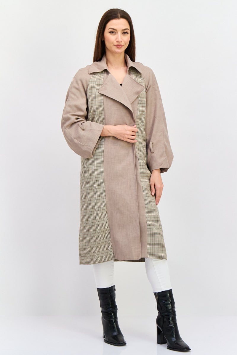 VERO MODA Women Checkered Belted Trench Coat, Light Brown  - Image 1