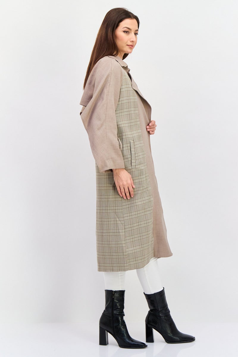 VERO MODA Women Checkered Belted Trench Coat, Light Brown  - Image 3