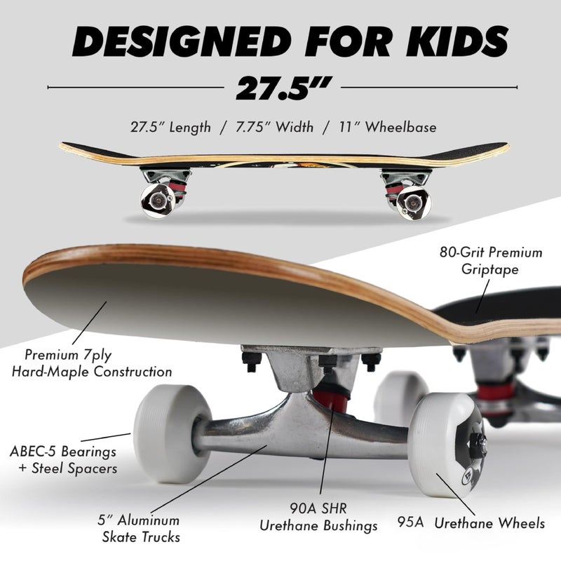 Magneto Beginner Skateboard - Smooth Ride with 51mm 95A Wheels & ABEC-5 Bearings for Cruiser Board - Double-Kick 9-Ply Maple Concave Deck for Kid Skateboard - 27.5" x 7.75" - Image 4