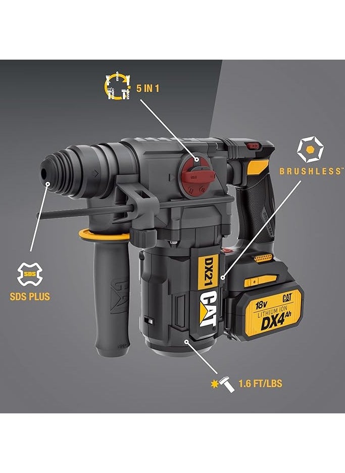 كاتربلر CAT DX21 4 في 1 مثقاب دوران بدون فرش، 22J، SDS بلس، مشدد قابل للفك، سرعة خمول من 0-1210دقيقة ومعدل تأثير من 0-5400دقيقة، 2 بطارية بقدرة 40 أمبير في الساعة وشاحن 18 فولت × 2، في حقيبة  - Image 5