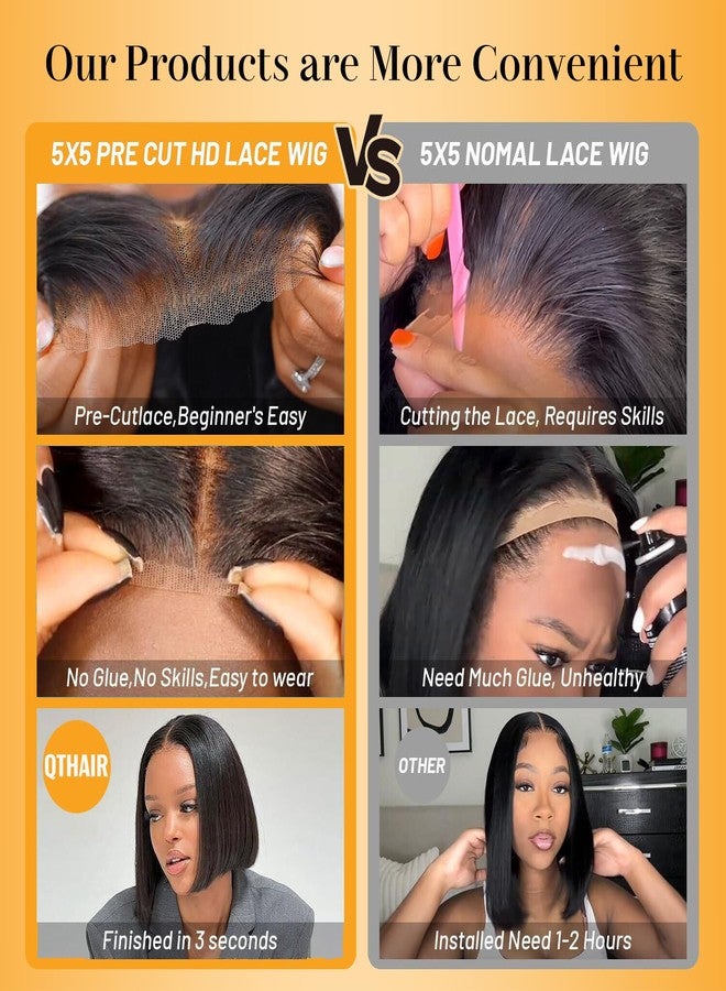 QTHAIR 18A Wear and Go Glueless Bob Wig Human Hair Pre Plucked Pre Cut 180% Density 5x5 HD Lace Front Wigs Human Hair for Black Women Short Straight Bob Wigs No Glue Lace Closure Wig 10 Inch - Image 5