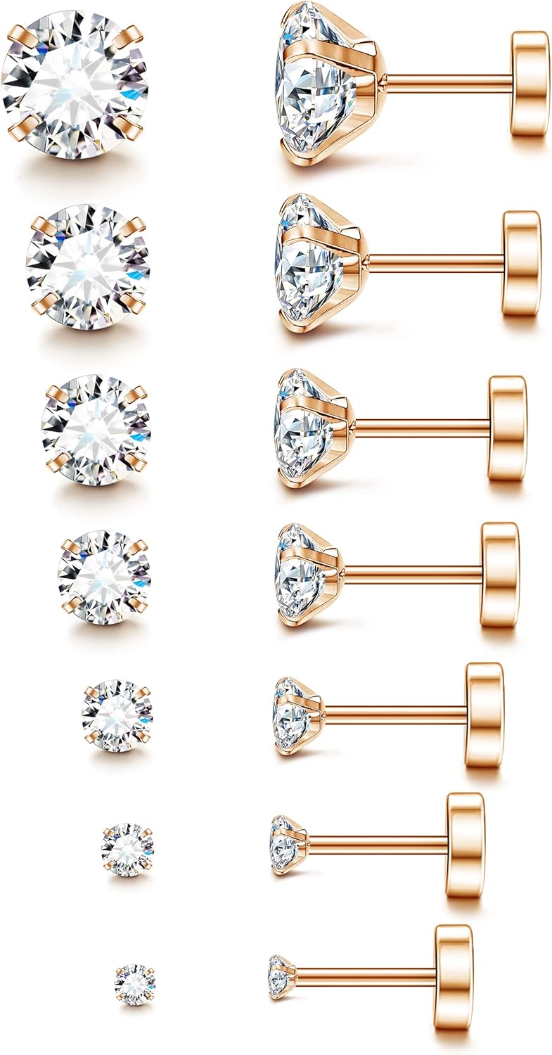 Fansilver 20G Hypoallergenic Flat Back Earrings for Women Men Silver 14K Gold Stainless Steel Stud Earrings Brithstone Cubic Zirconia Studs Surgical Steel Cartilage Earrings for Sensitive Ears - Image 1