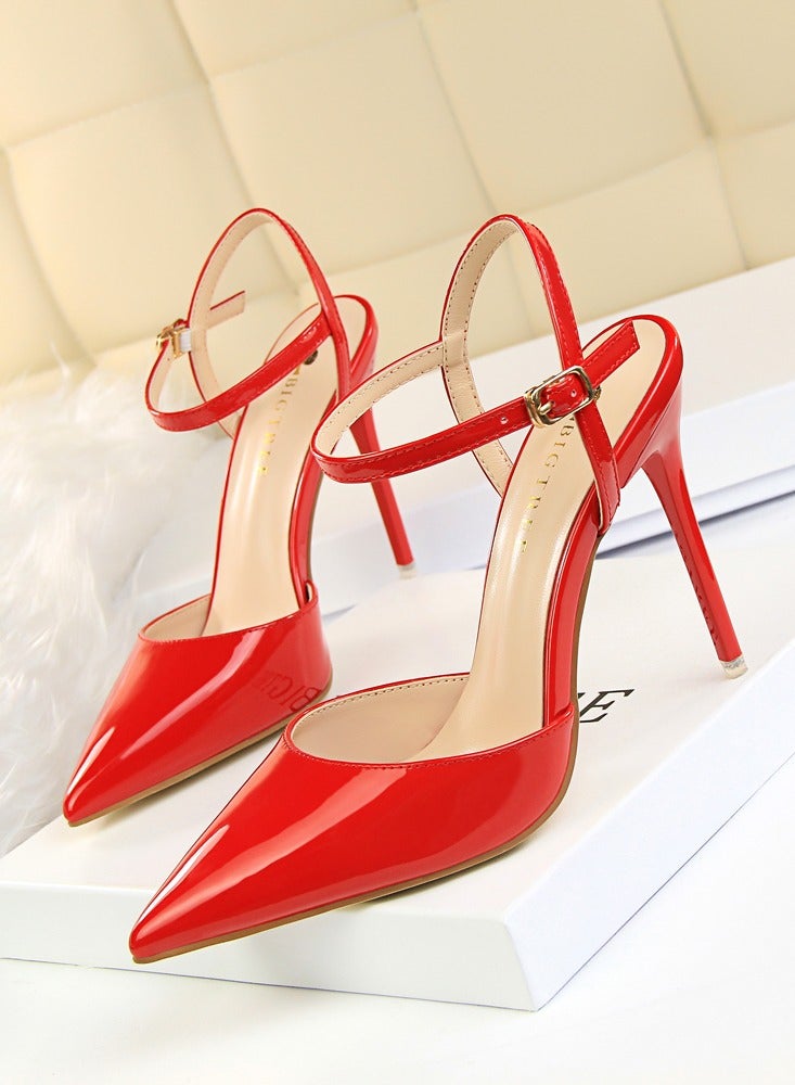 بيج تري Women's Closed Pointed Toe 10.5 CM High Heels With Adjustable Ankle Strap Sandals Shoes Stiletto Pumps Red - Image 1