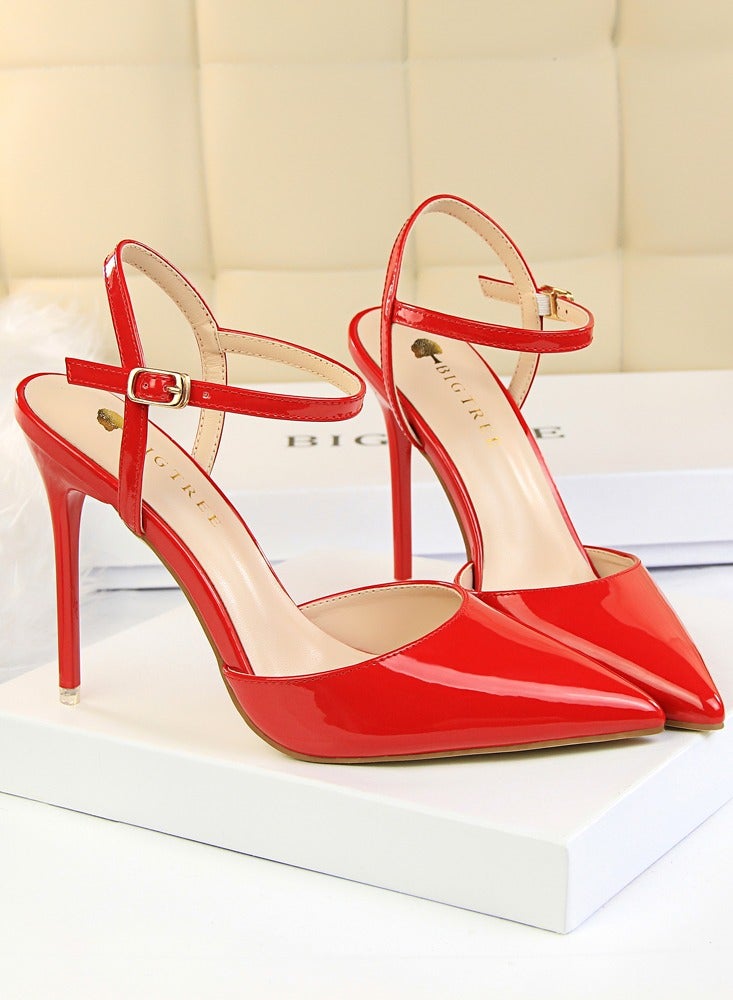 بيج تري Women's Closed Pointed Toe 10.5 CM High Heels With Adjustable Ankle Strap Sandals Shoes Stiletto Pumps Red - Image 2