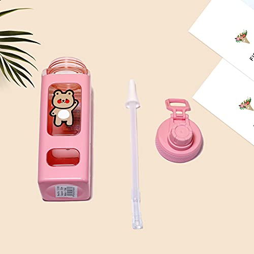 PEXIZUAN Kawaii Bear Water Bottle With Straw Sport Plastic Portable Square Drinking Bottle For Girl Cute Juice Tea Water Cups 700ml(Pink,700ml) - Image 4